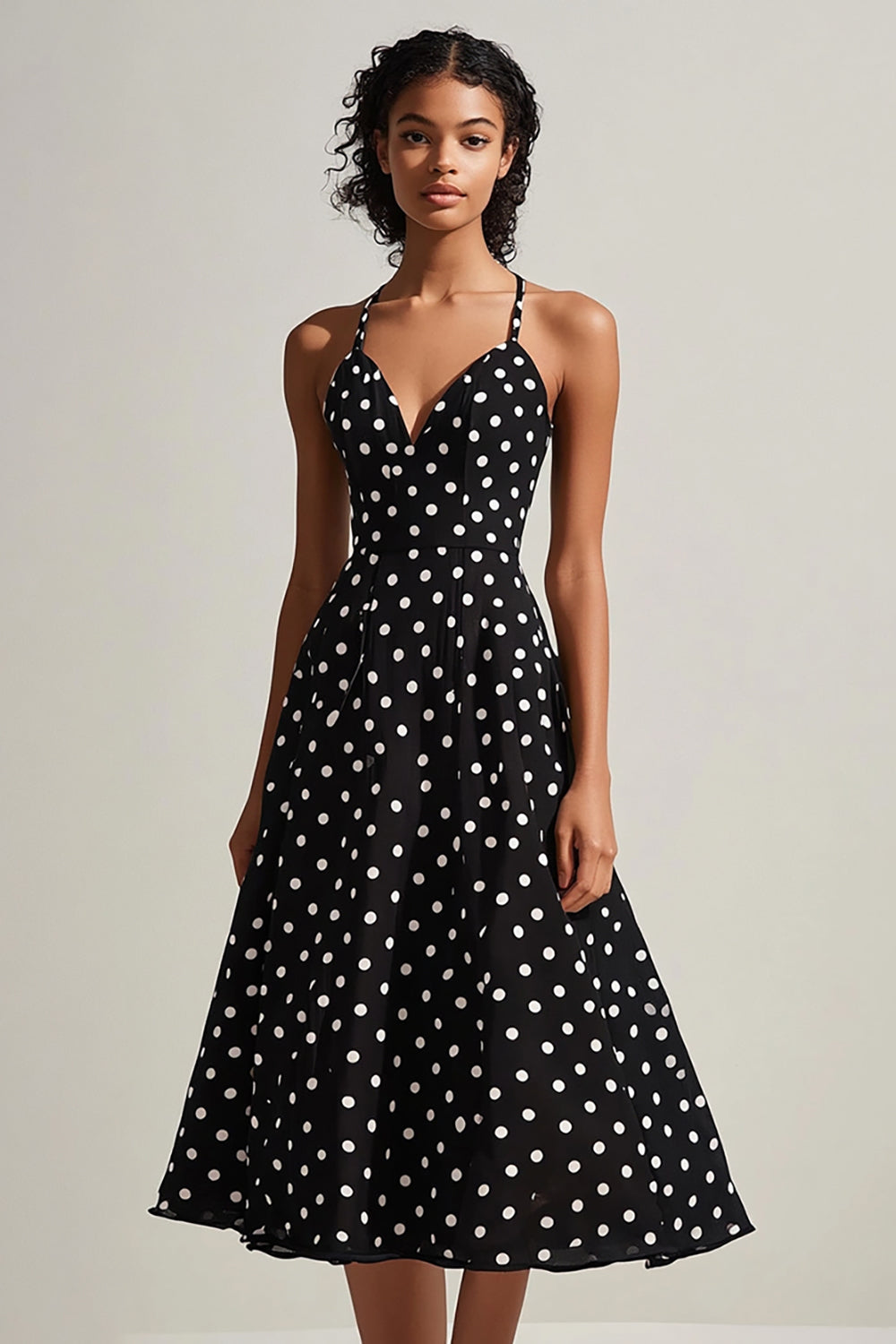 Black and White A Line Chiffon Spaghetti Straps Boho Midi Polka Dot Dress