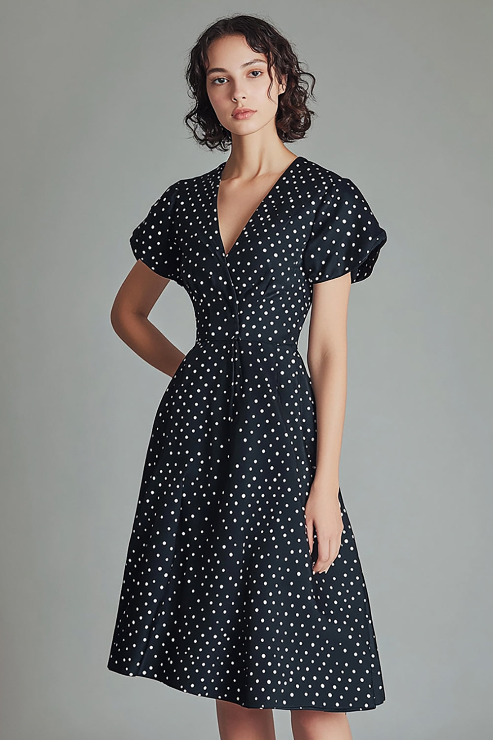 Black and White Satin A Line Short Polka Dot Dress with Sleeves