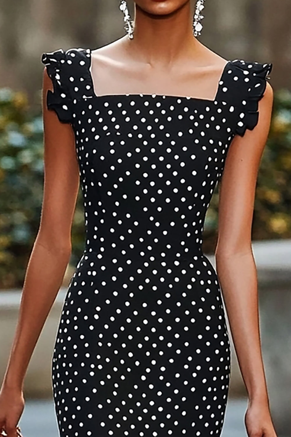 Black and White Chiffon Mermaid Boho Midi Polka Dot Dress with Ruffles