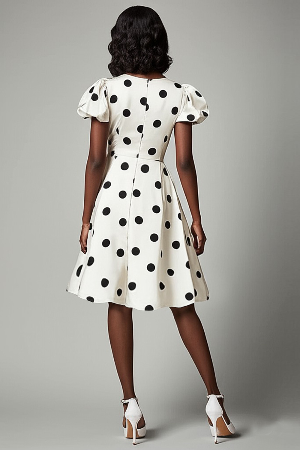 Black and White V-Neck Puff Sleeves Boho Midi Satin Polka Dot Dress