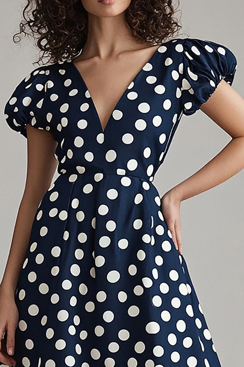 Navy and White Satin V-Neck A Line Midi Polka Dot Dress with Sleeves
