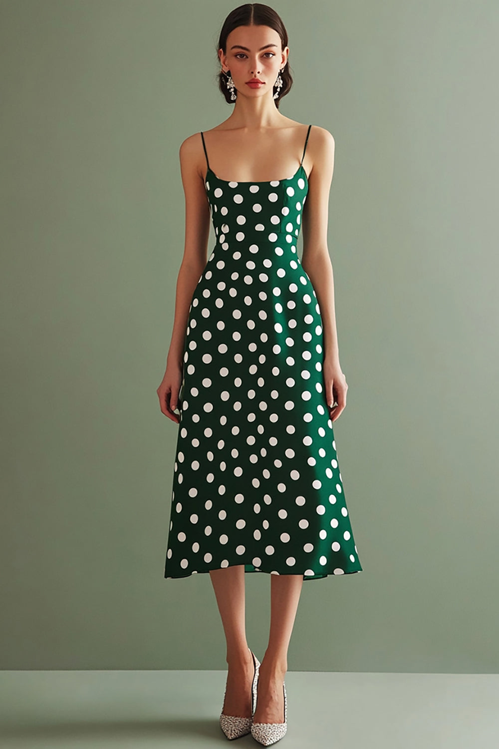 Green and White A Line Chiffon Spaghetti Straps Boho Midi Polka Dot Dress