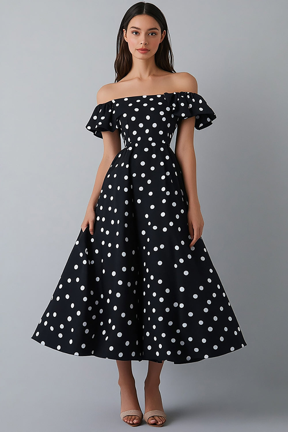 Black and White Off the Shoulder Midi Satin A Line Polka Dot Dress
