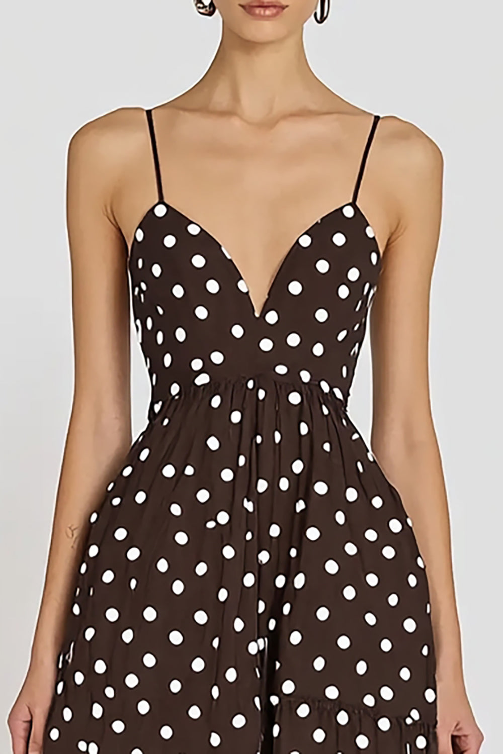 Coffee and White Chiffon Spaghetti Straps A Line Boho Maxi Polka Dot Dress
