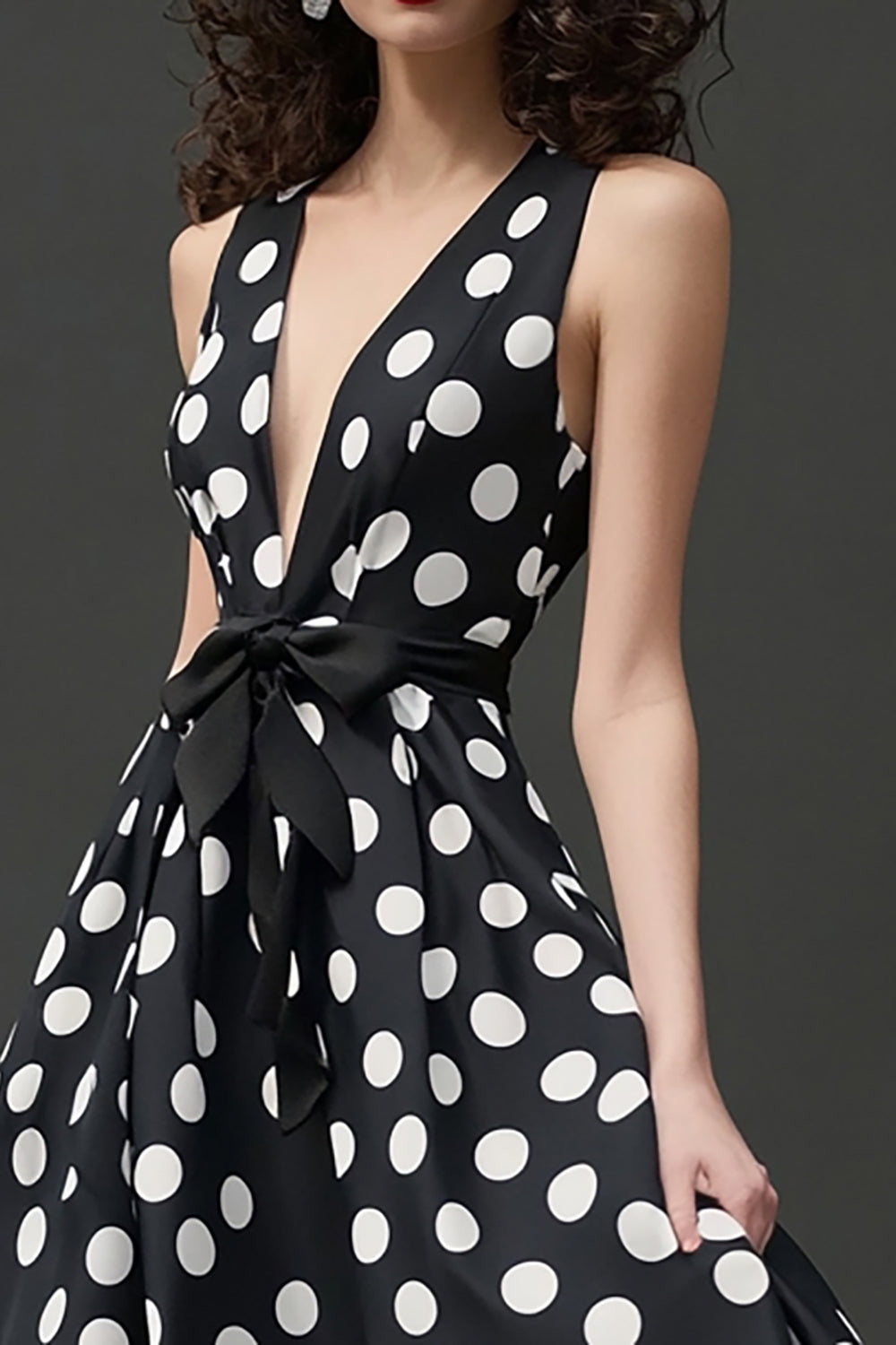Black and White Deep V-Neck Satin Midi A Line Polka Dot Dress with Bow