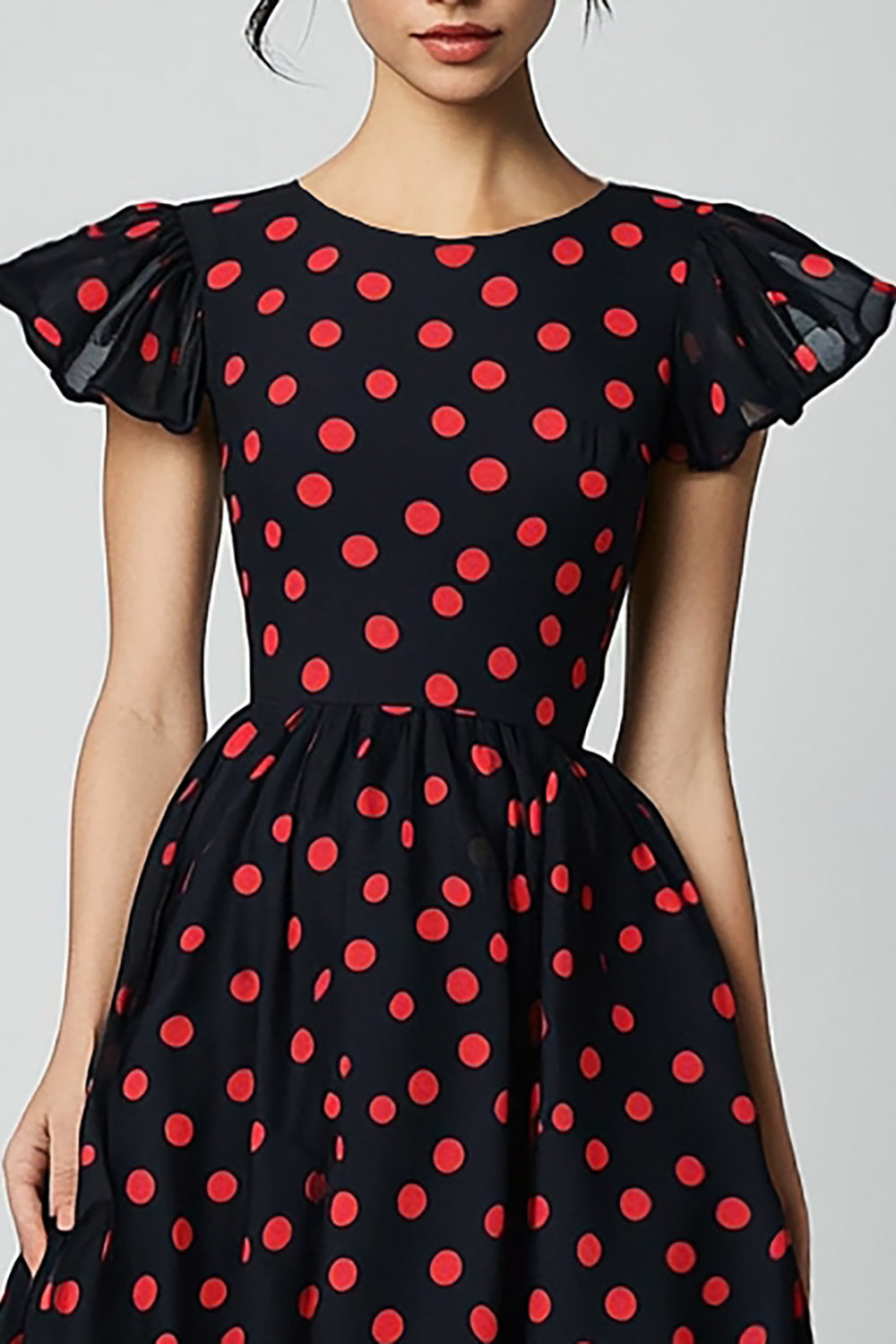 Black and Red Satin A Line Cap Sleeves Midi Polka Dot Dress with Ruffles
