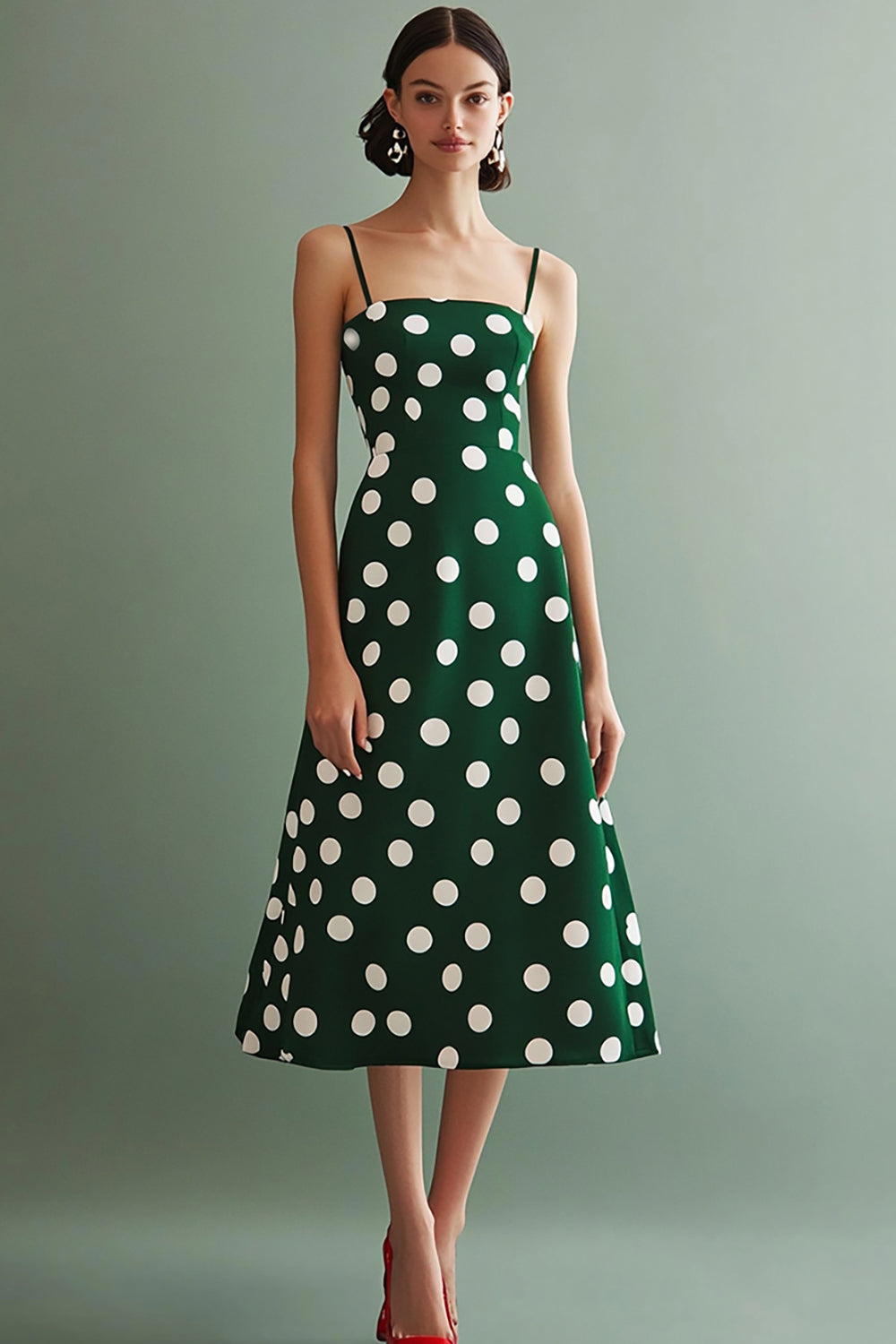 Green and White Chiffon A Line Spaghetti Straps Boho Midi Polka Dot Dress
