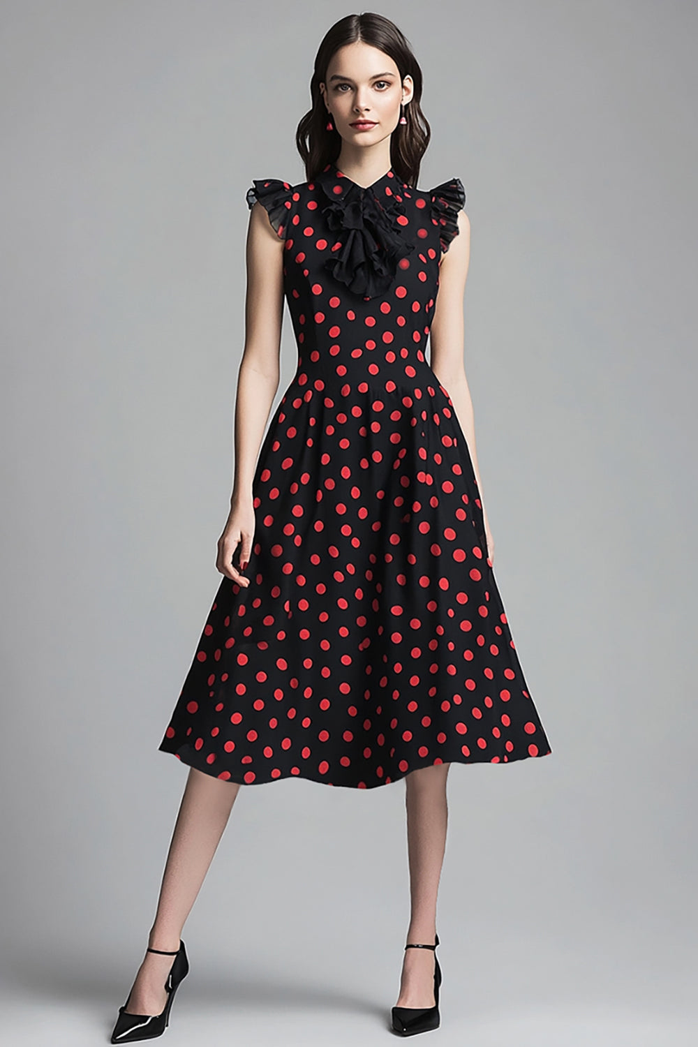 Black and Red A Line Vintage Chiffon Midi Polka Dot Dress with Ruffles