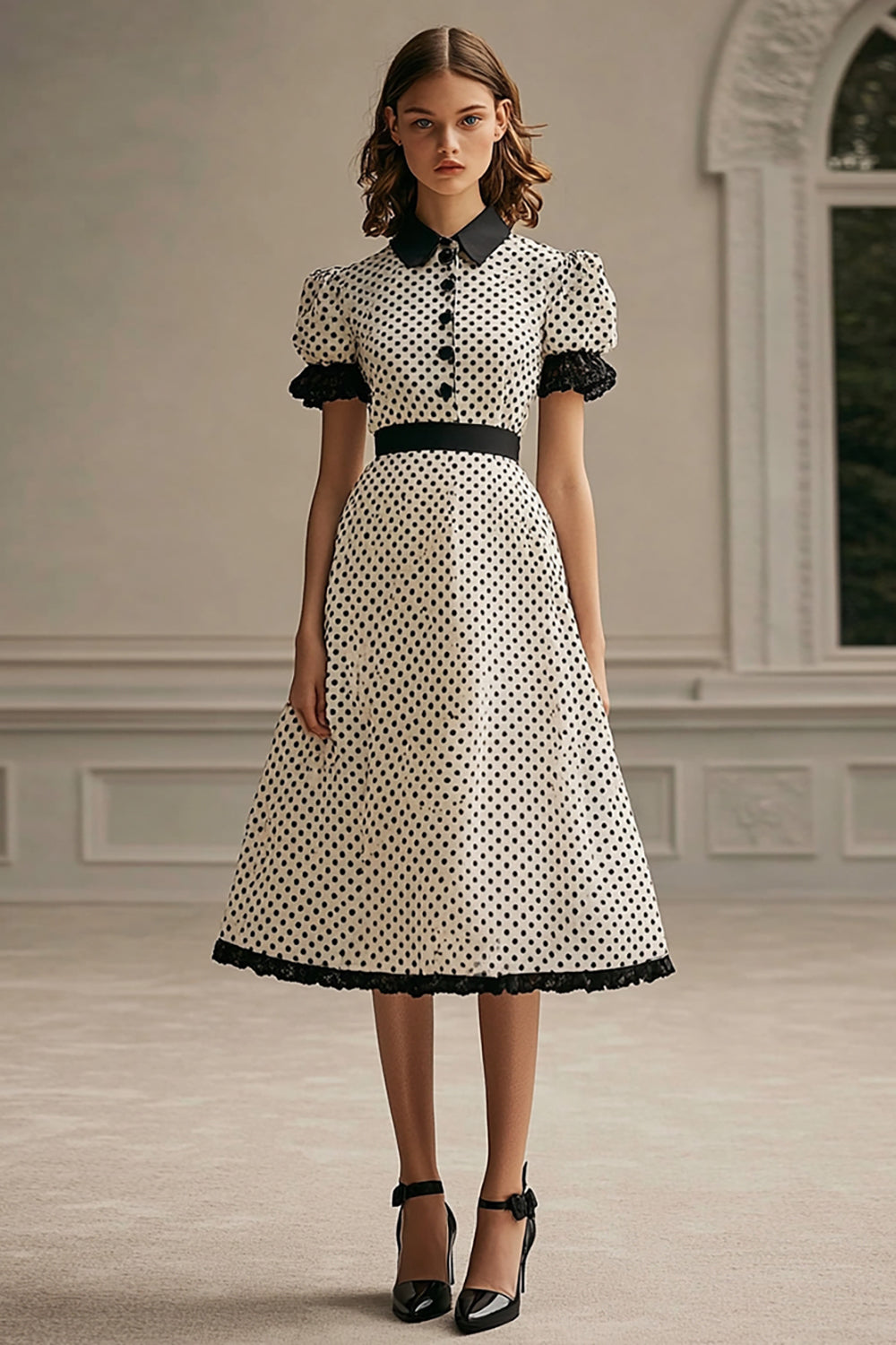 Black and White Chiffon A Line Midi Polka Dot Dress with Ruffles