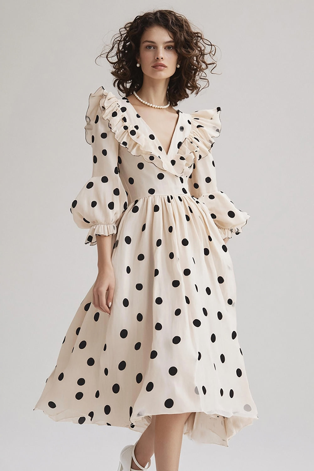 Black and White A Line Midi Chiffon Boho Polka Dot Dress with Ruffles