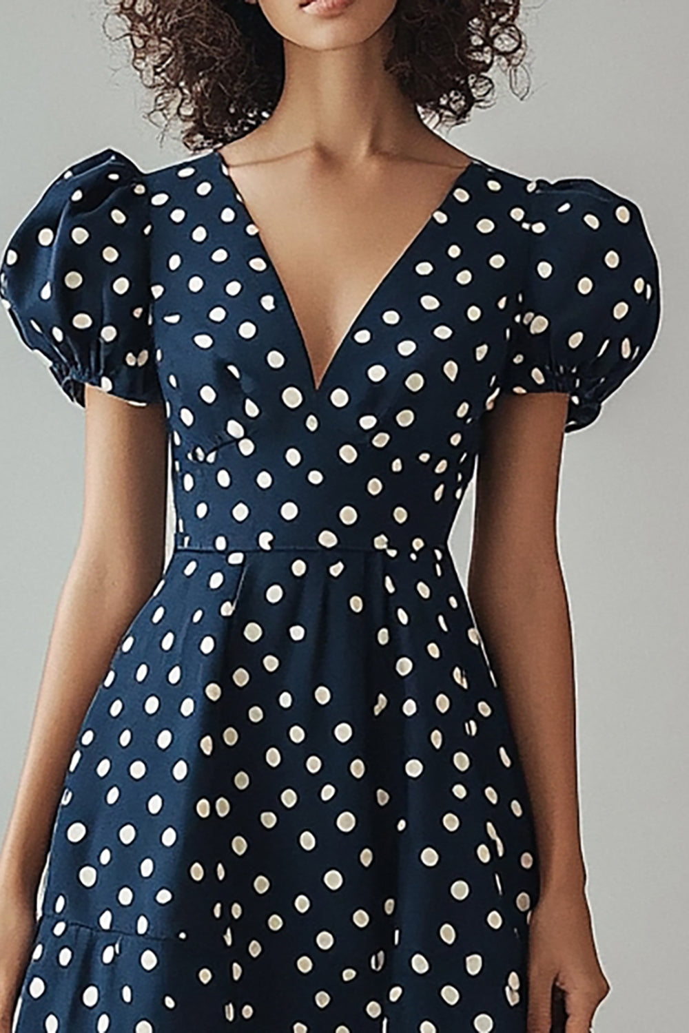 Navy and White Satin A Line Puff Sleeves Boho Midi Polka Dot Dress