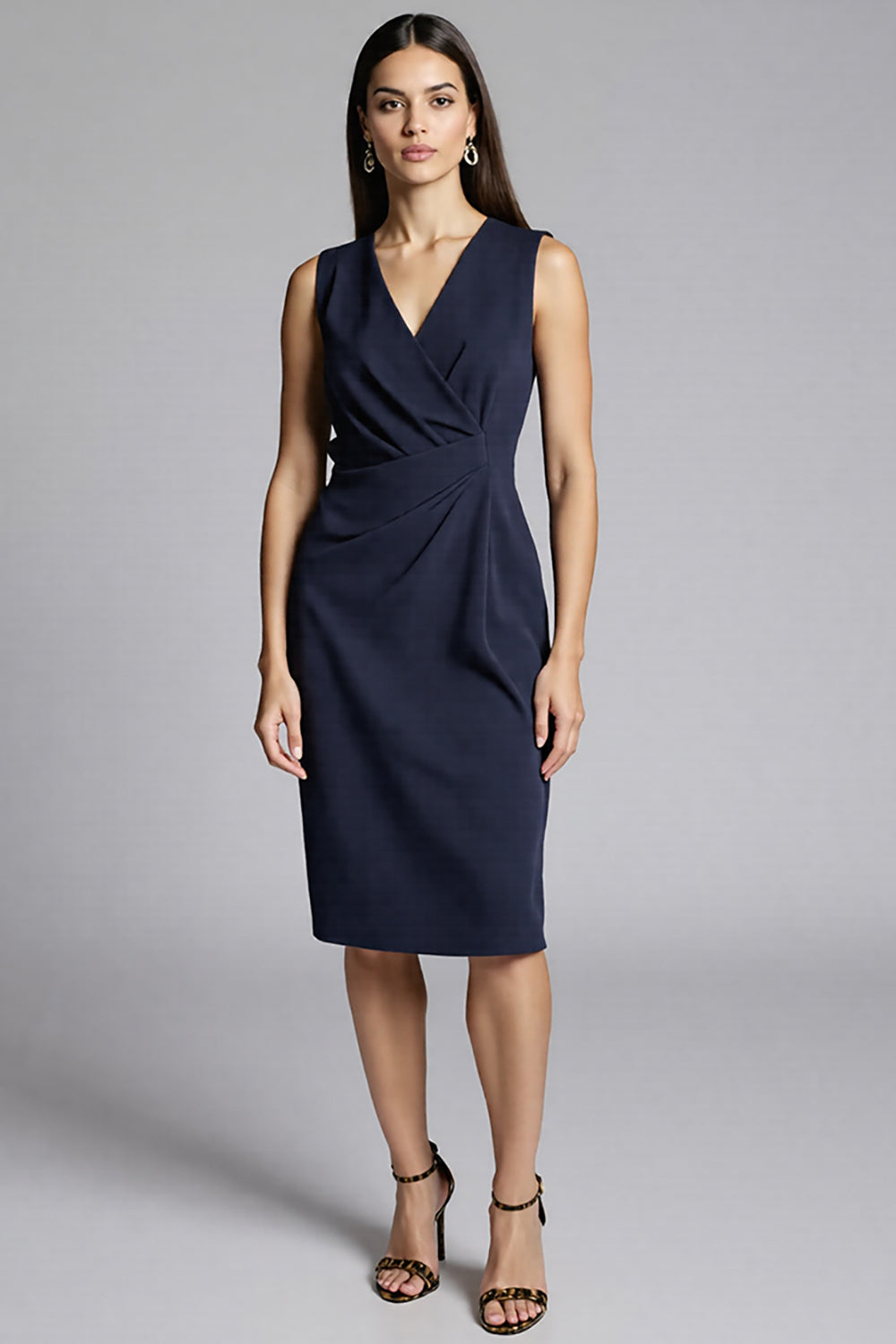 Navy Satin Bodycon V-Neck Ruched Midi Work Dress