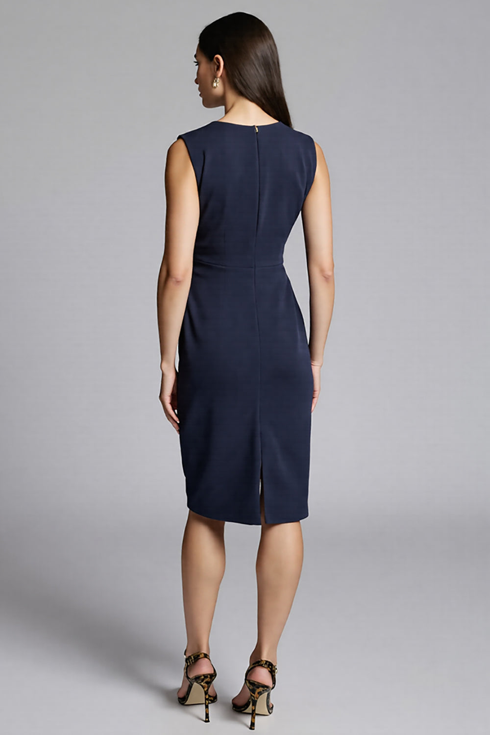 Navy Satin Bodycon V-Neck Ruched Midi Work Dress