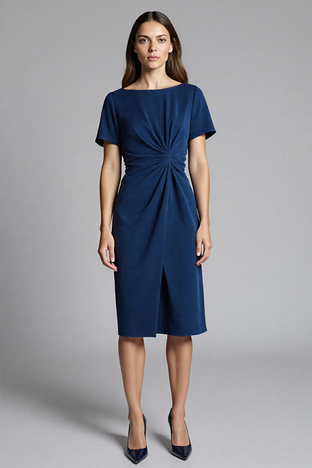 Navy Satin Bodycon Ruched Midi Work Dress with Sleeves