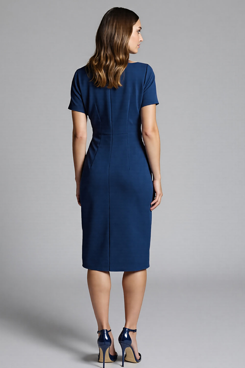 Navy Satin Bodycon Ruched Midi Work Dress with Sleeves