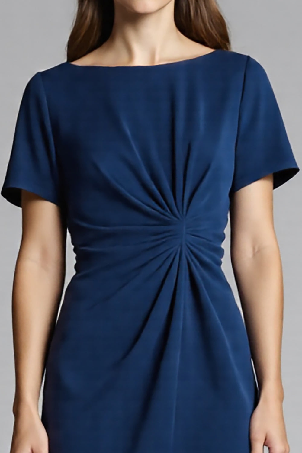 Navy Satin Bodycon Ruched Midi Work Dress with Sleeves
