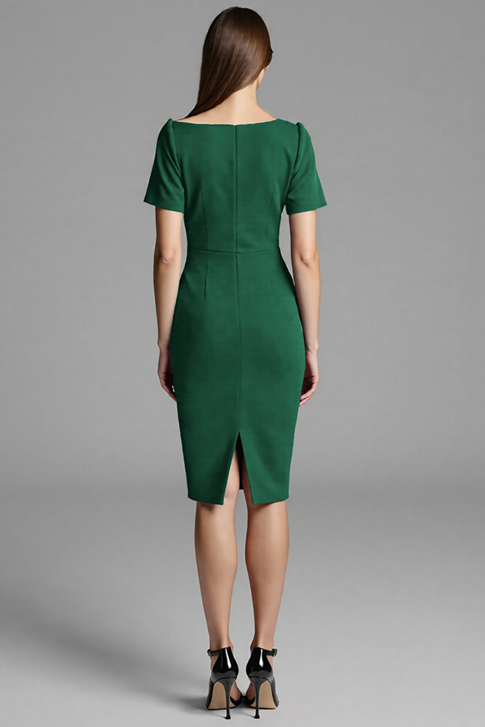 Navy Satin Bodycon Asymmetrical Neck Midi Work Dress with Sleeves