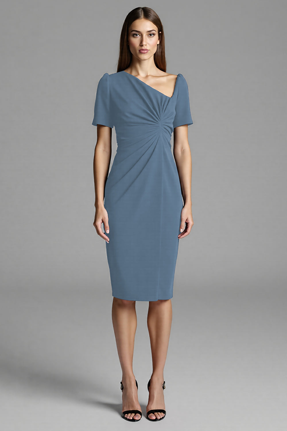 Navy Satin Bodycon Asymmetrical Neck Midi Work Dress with Sleeves