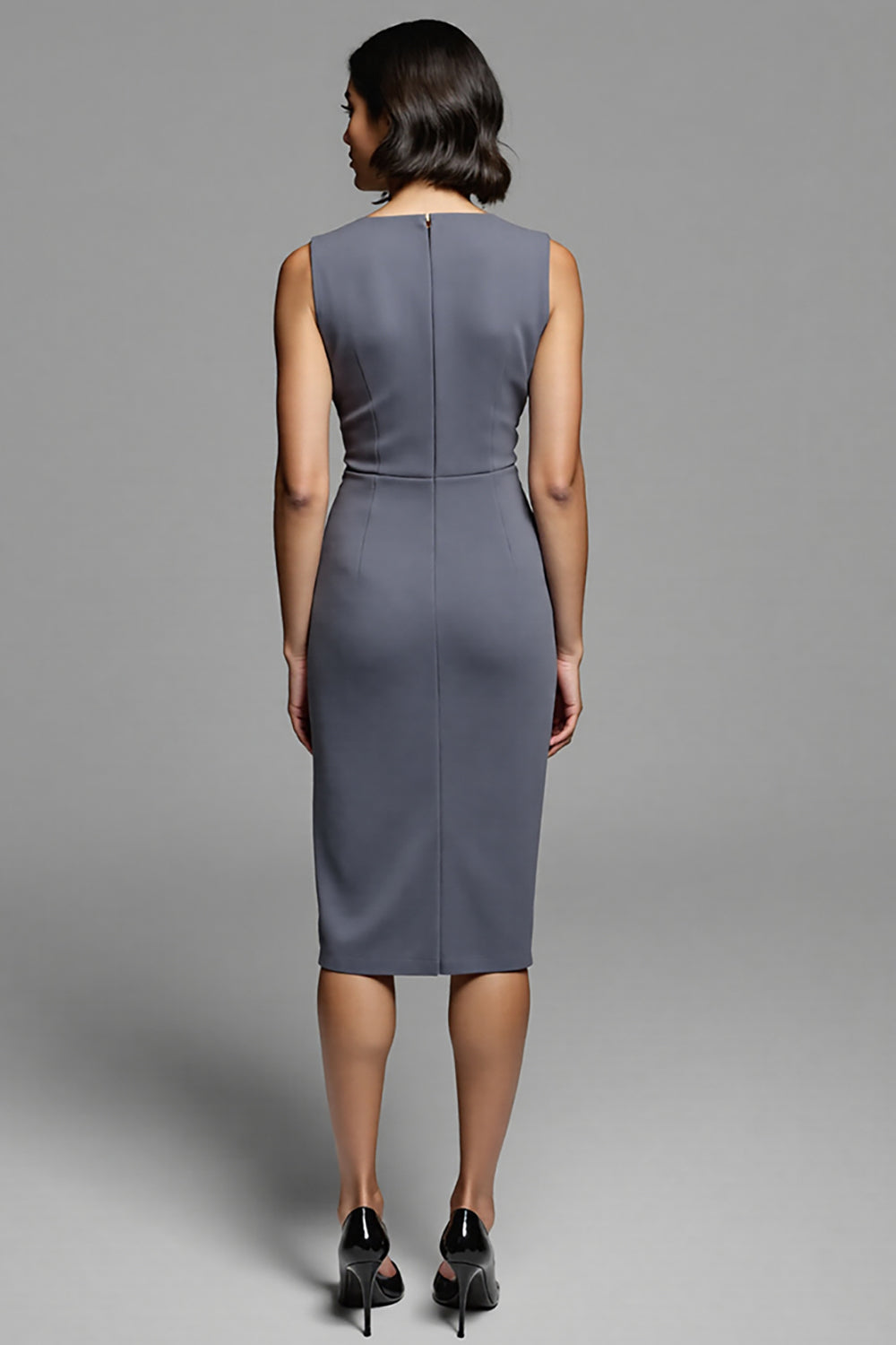 Grey Satin Bodycon Ruched Midi Work Dress with Slit