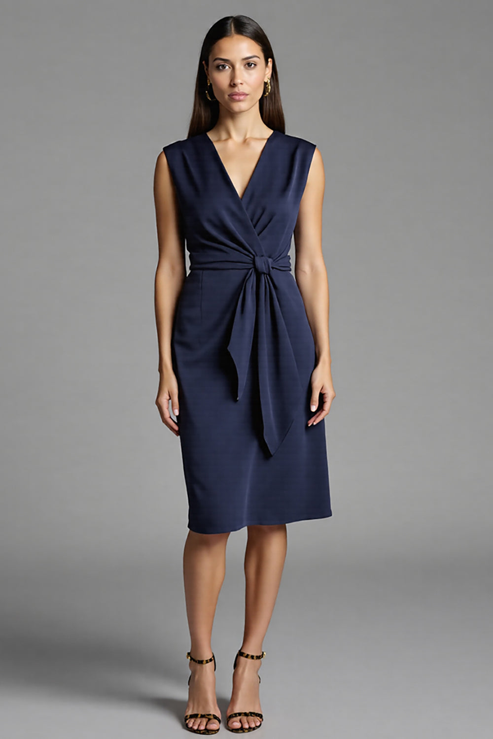 Navy Satin Bodycon V-Neck Midi Work Dress with Ruffles