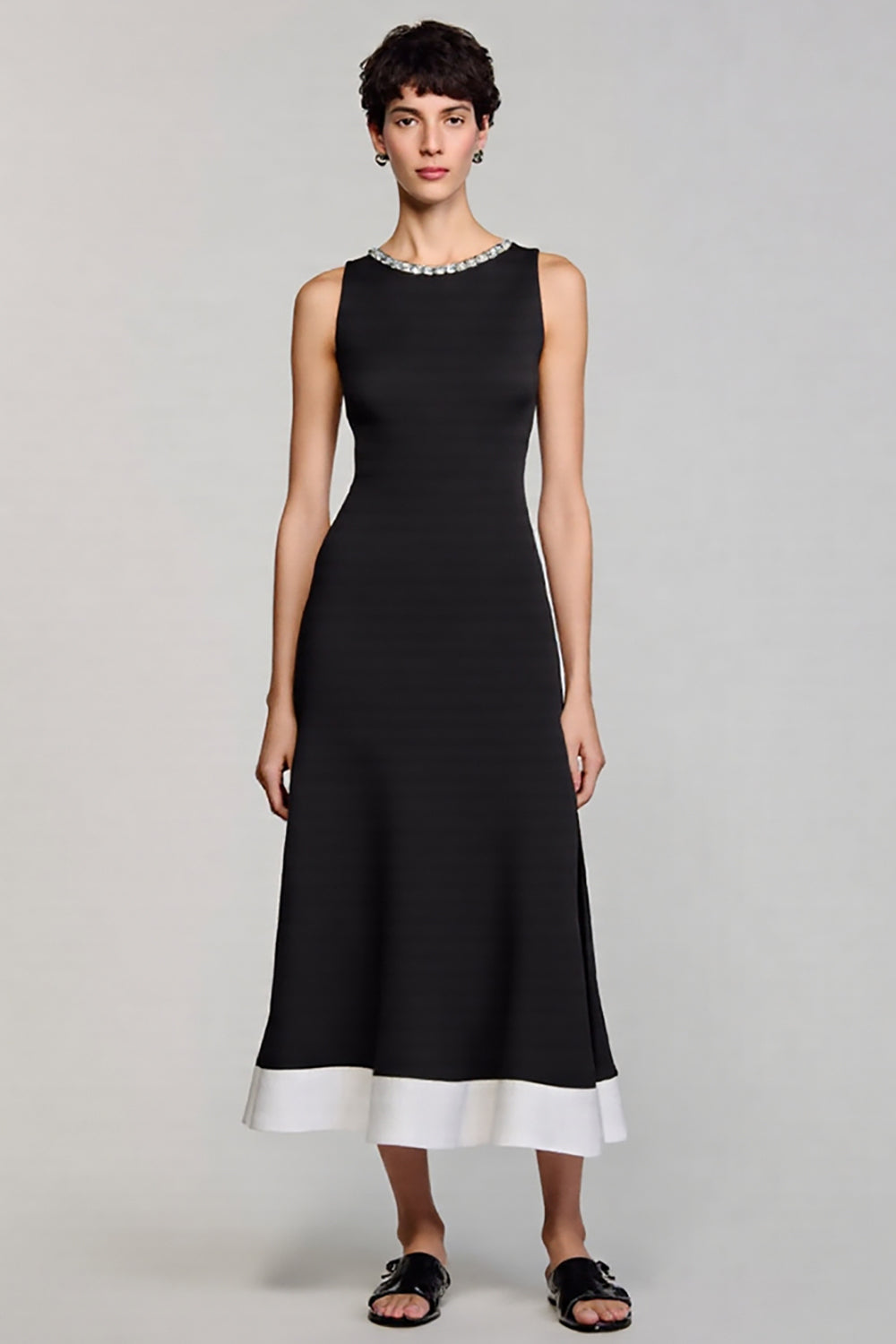 Black A Line Satin Crew Neck Midi Work Dress
