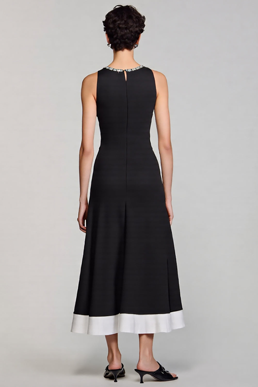 Black A Line Satin Crew Neck Midi Work Dress