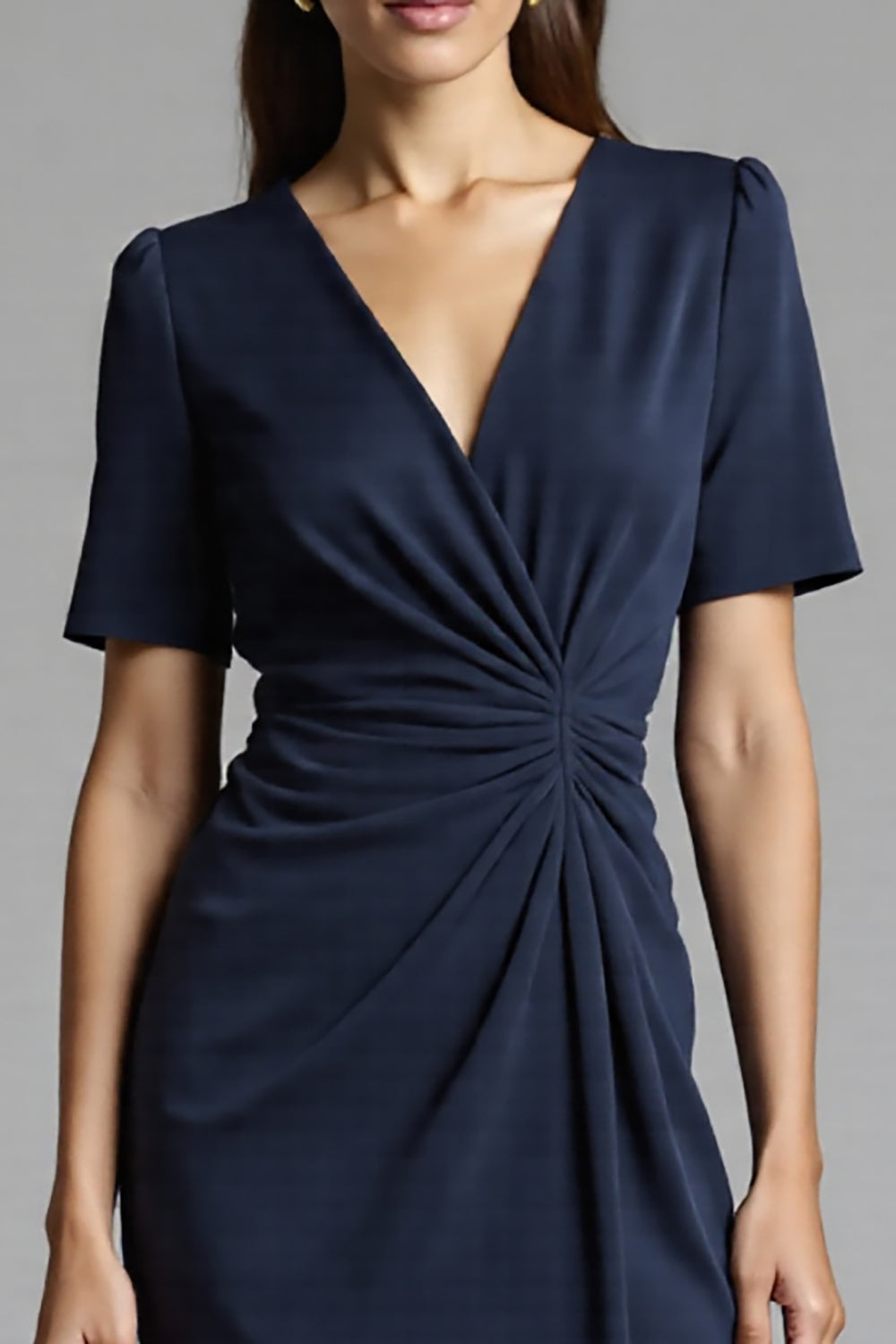Navy Satin Bodycon Ruched V-Neck Midi Work Dress with Sleeves