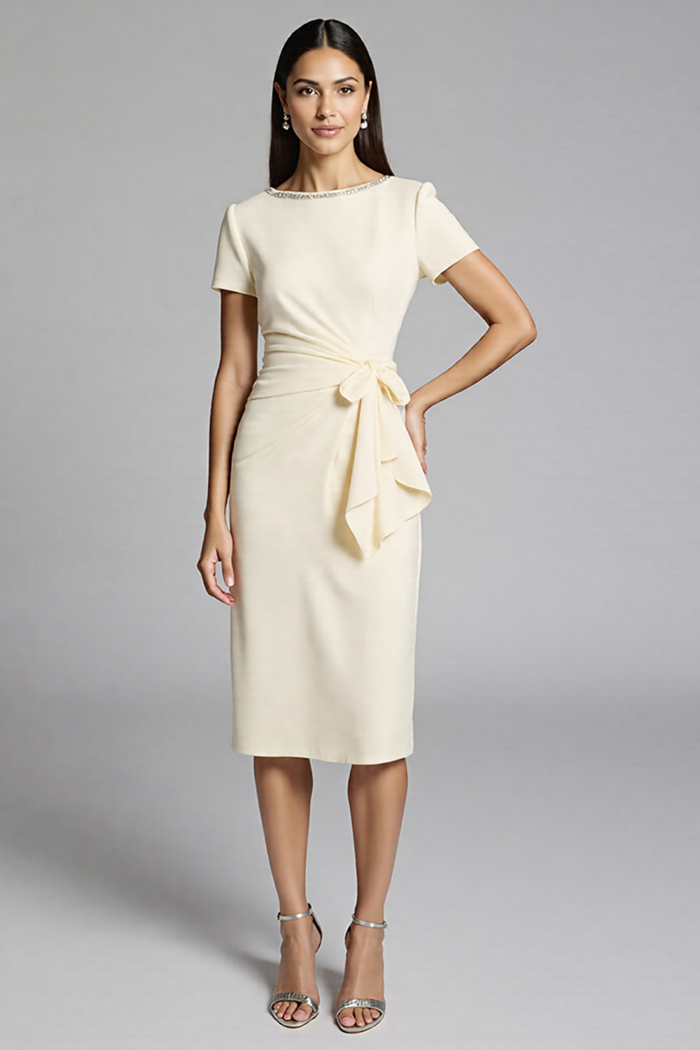 Beige Satin Bodycon Ruffled Midi Work Dress with Sleeves
