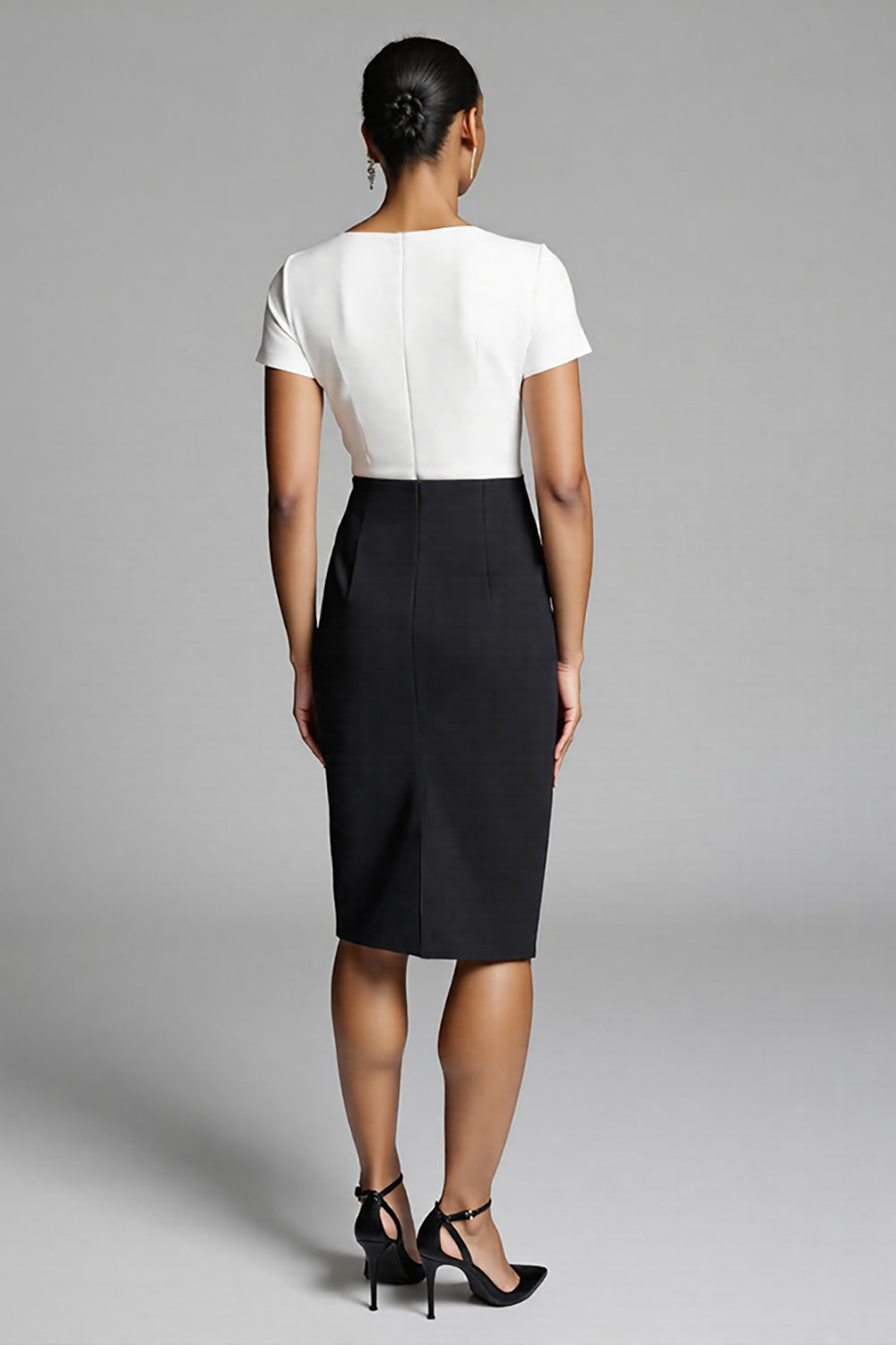 Black and White Satin Bodycon Midi Work Dress with Slit