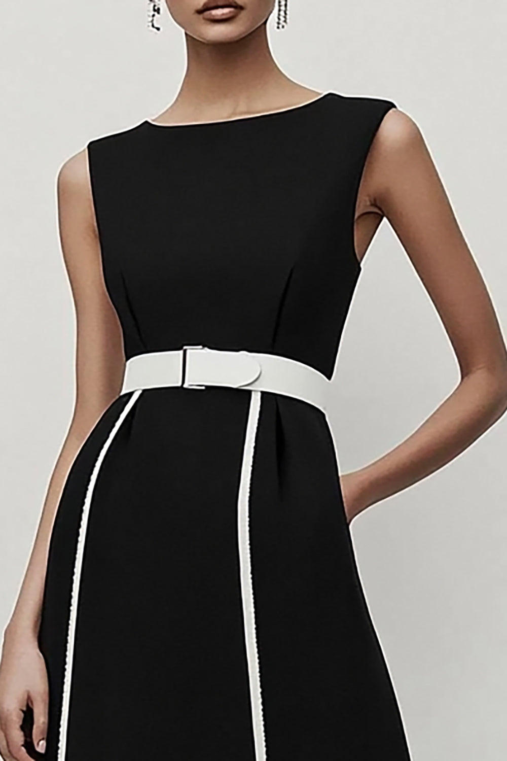 Black and White Satin A Line Sleeveless Midi Work Dress
