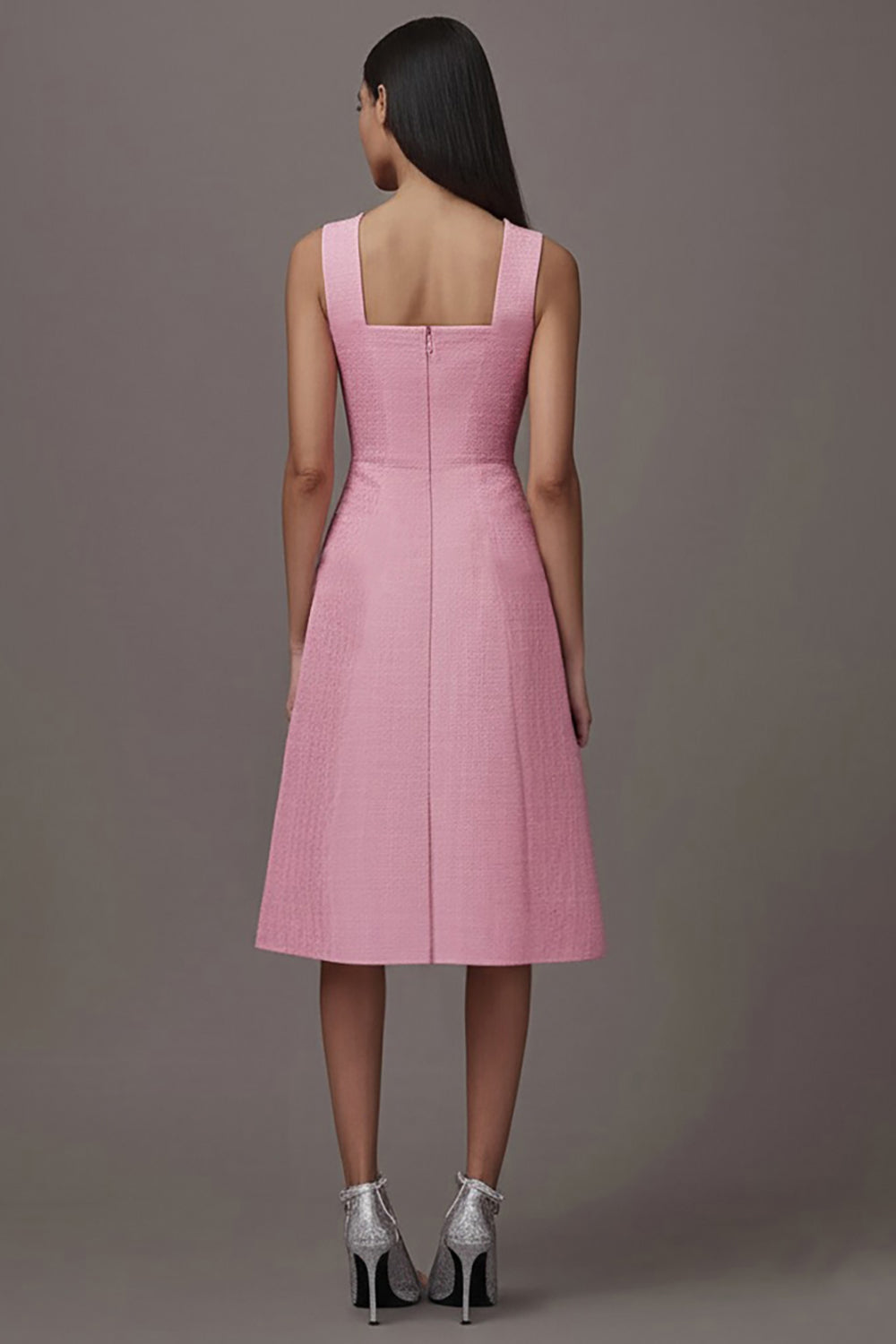 Pink A Line Square Neck Midi Work Dress with Pockets