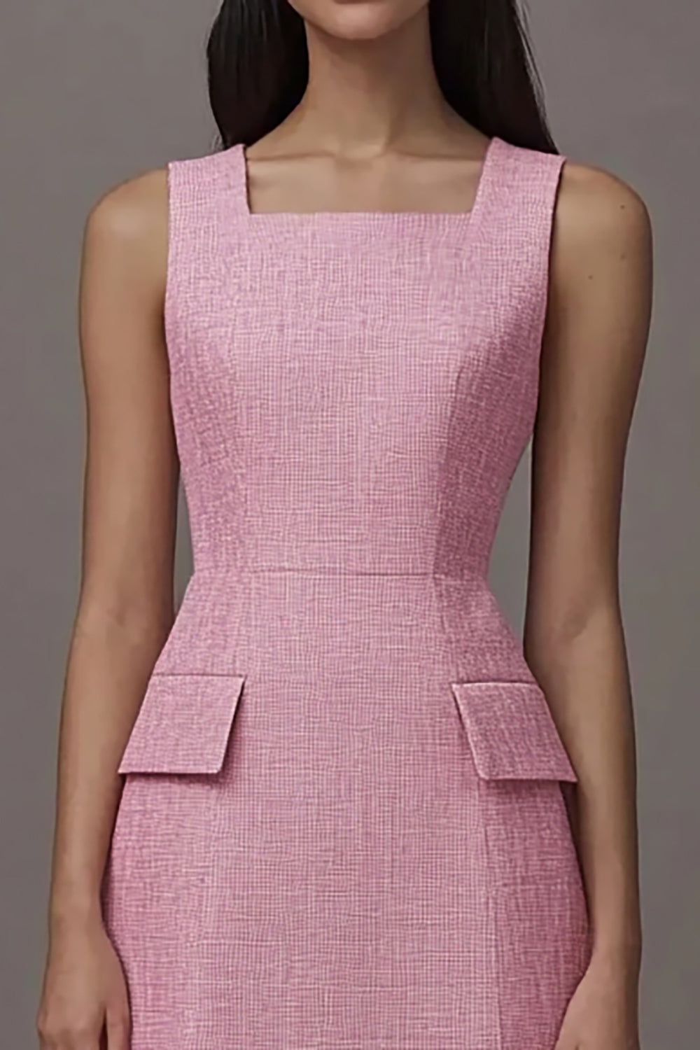 Pink A Line Square Neck Midi Work Dress with Pockets