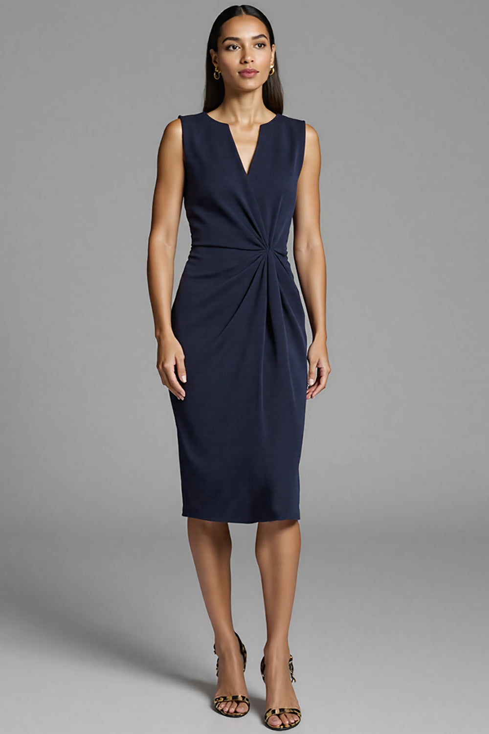 Navy Satin Bodycon Ruched Midi Work Dress