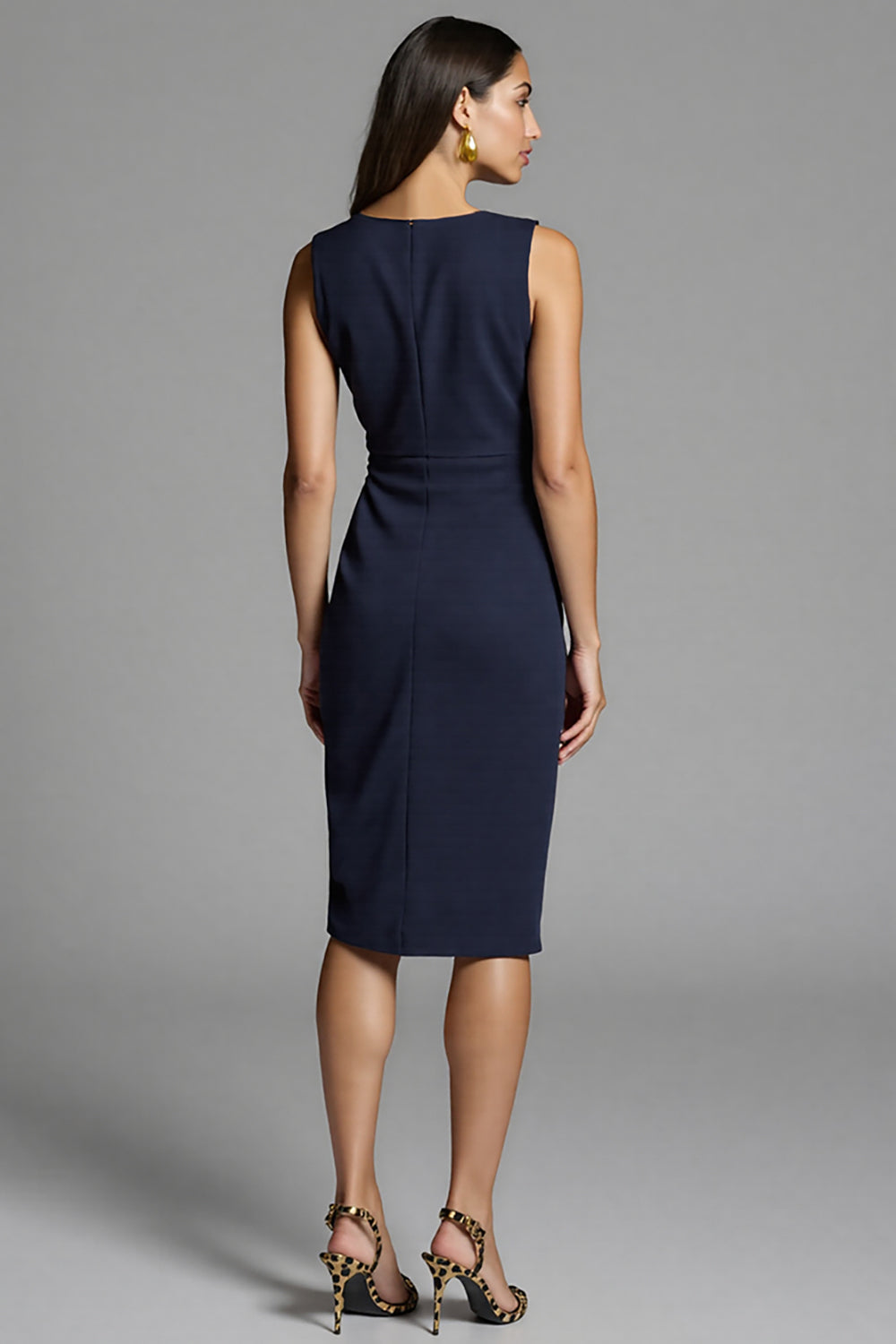 Navy Satin Bodycon Ruched Midi Work Dress