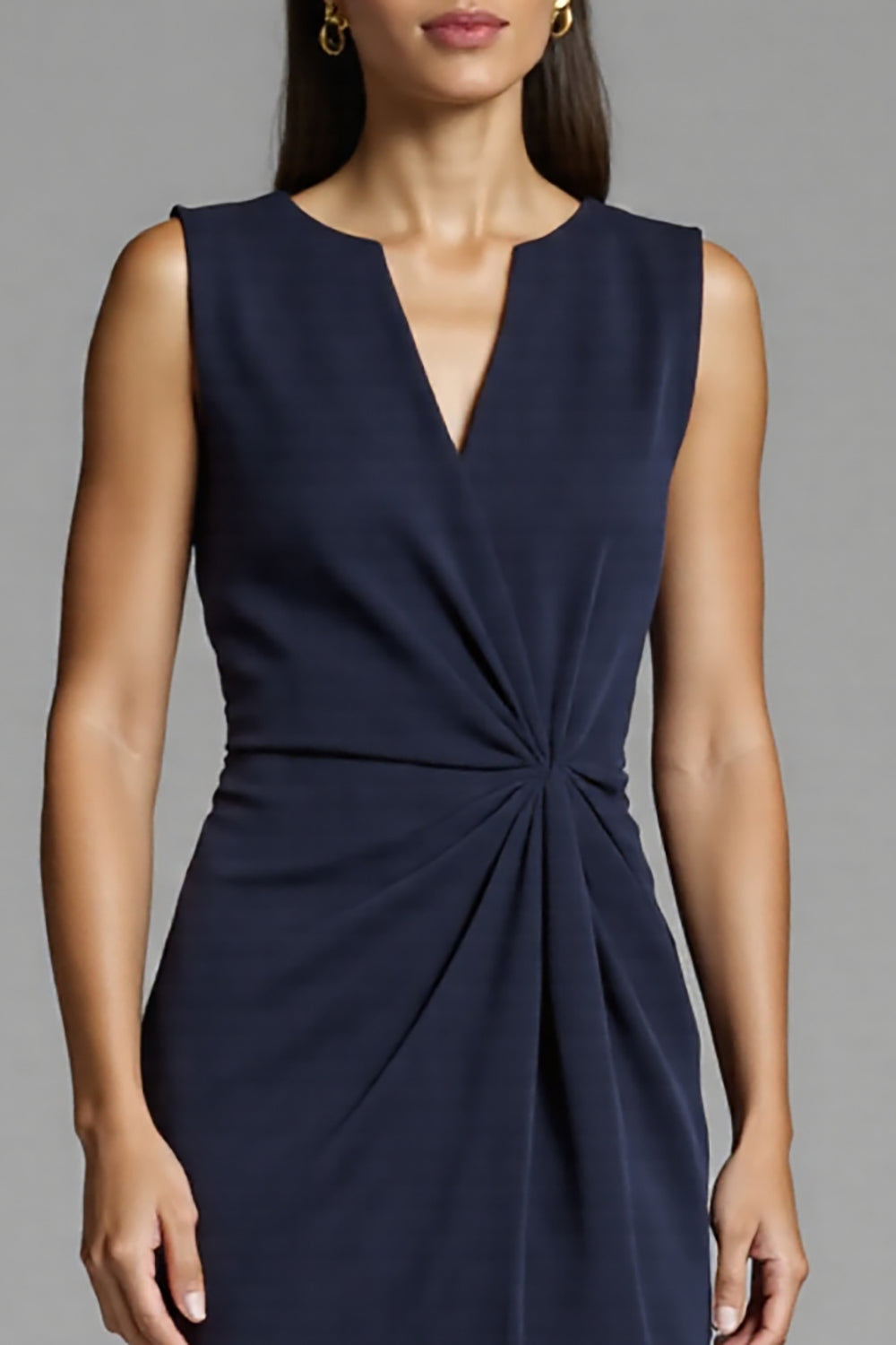 Navy Satin Bodycon Ruched Midi Work Dress