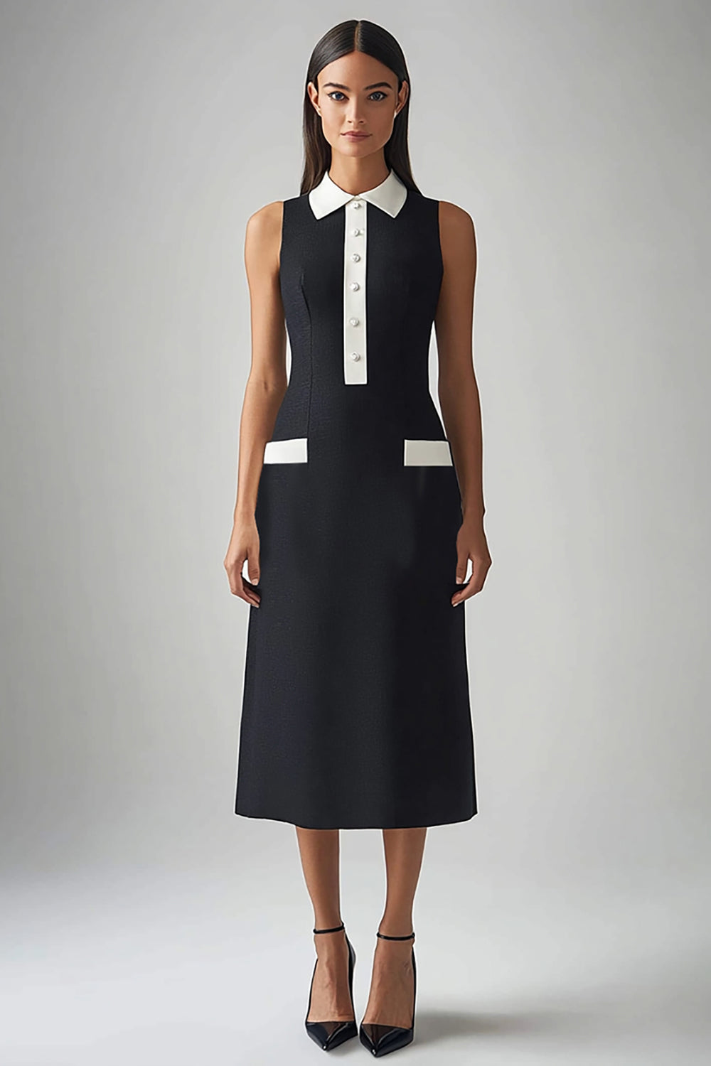 Black and White Sheath Satin Collar Neck Midi Work Dress with Pockets