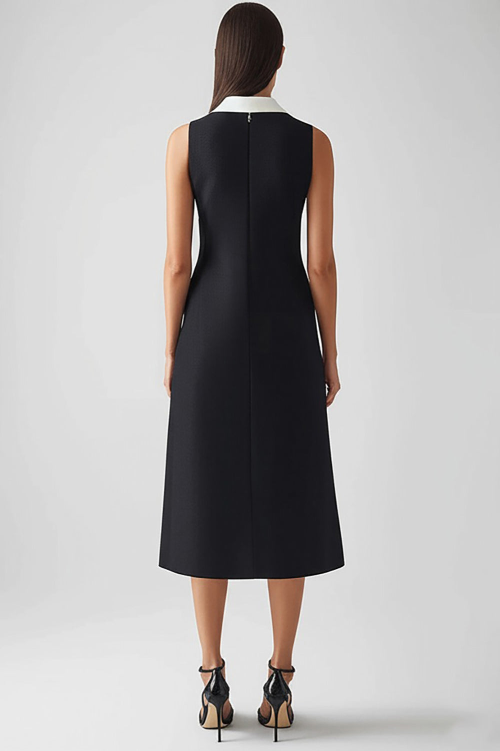 Black and White Sheath Satin Collar Neck Midi Work Dress with Pockets