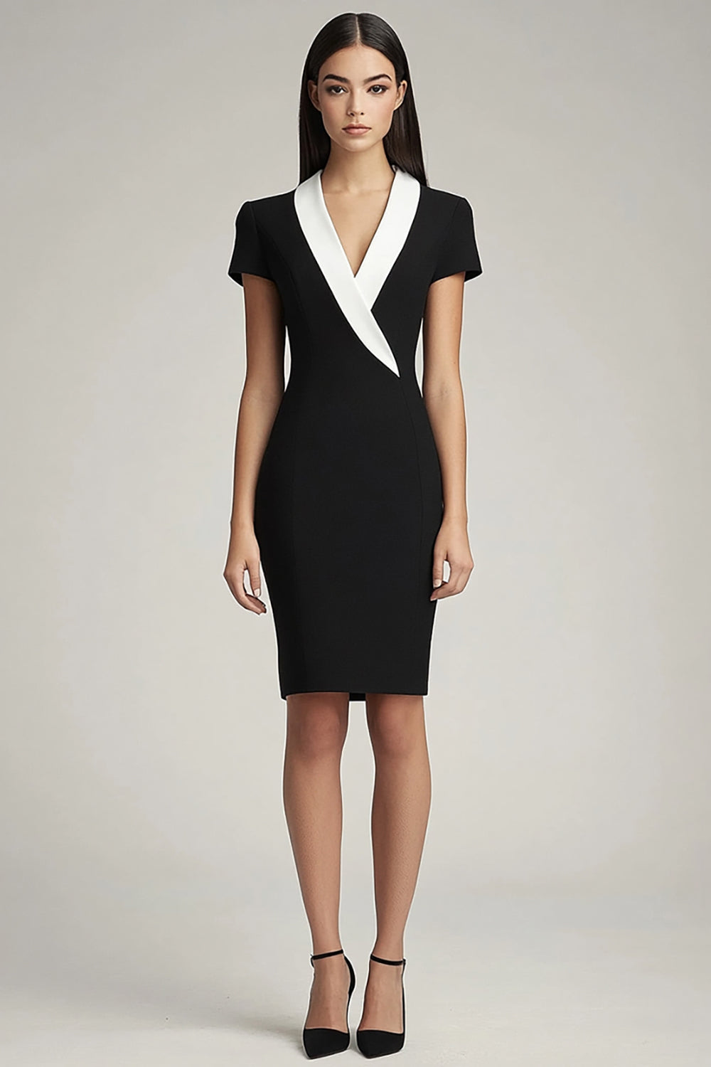 Black and White Satin Bodycon Shawl Lapel Short Work Blazer Dress