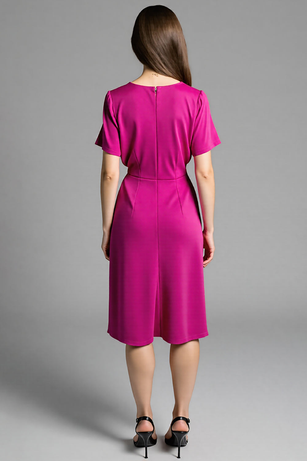 Fuchsia Satin V-Neck Ruched Midi Work Dress with Sleeves