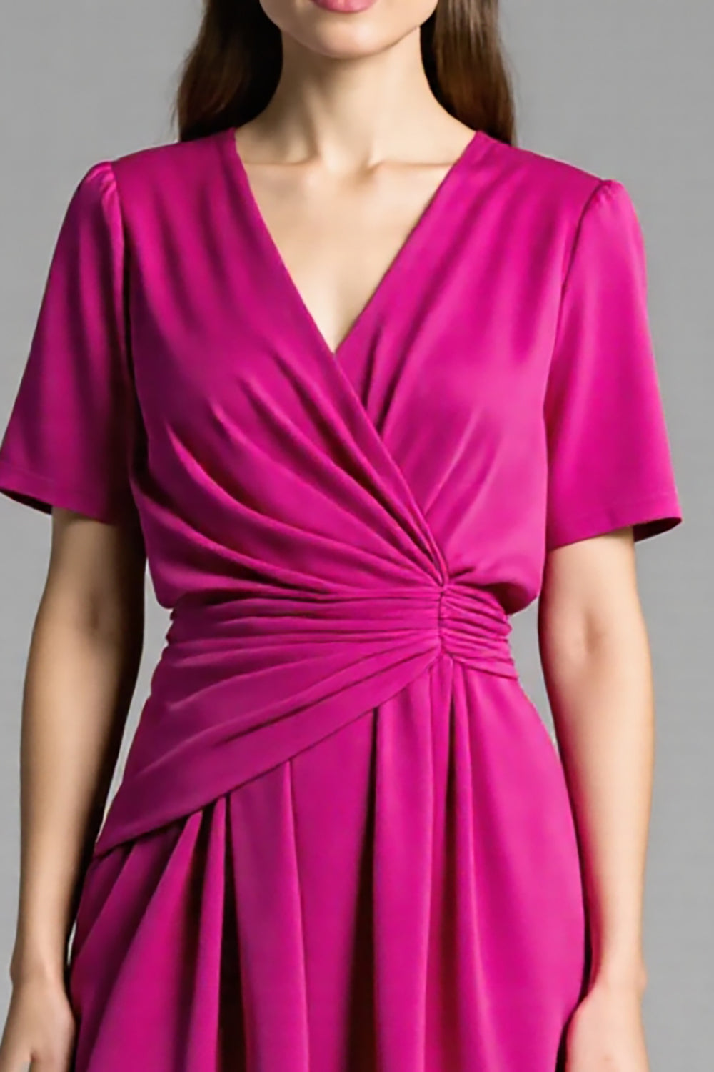 Fuchsia Satin V-Neck Ruched Midi Work Dress with Sleeves