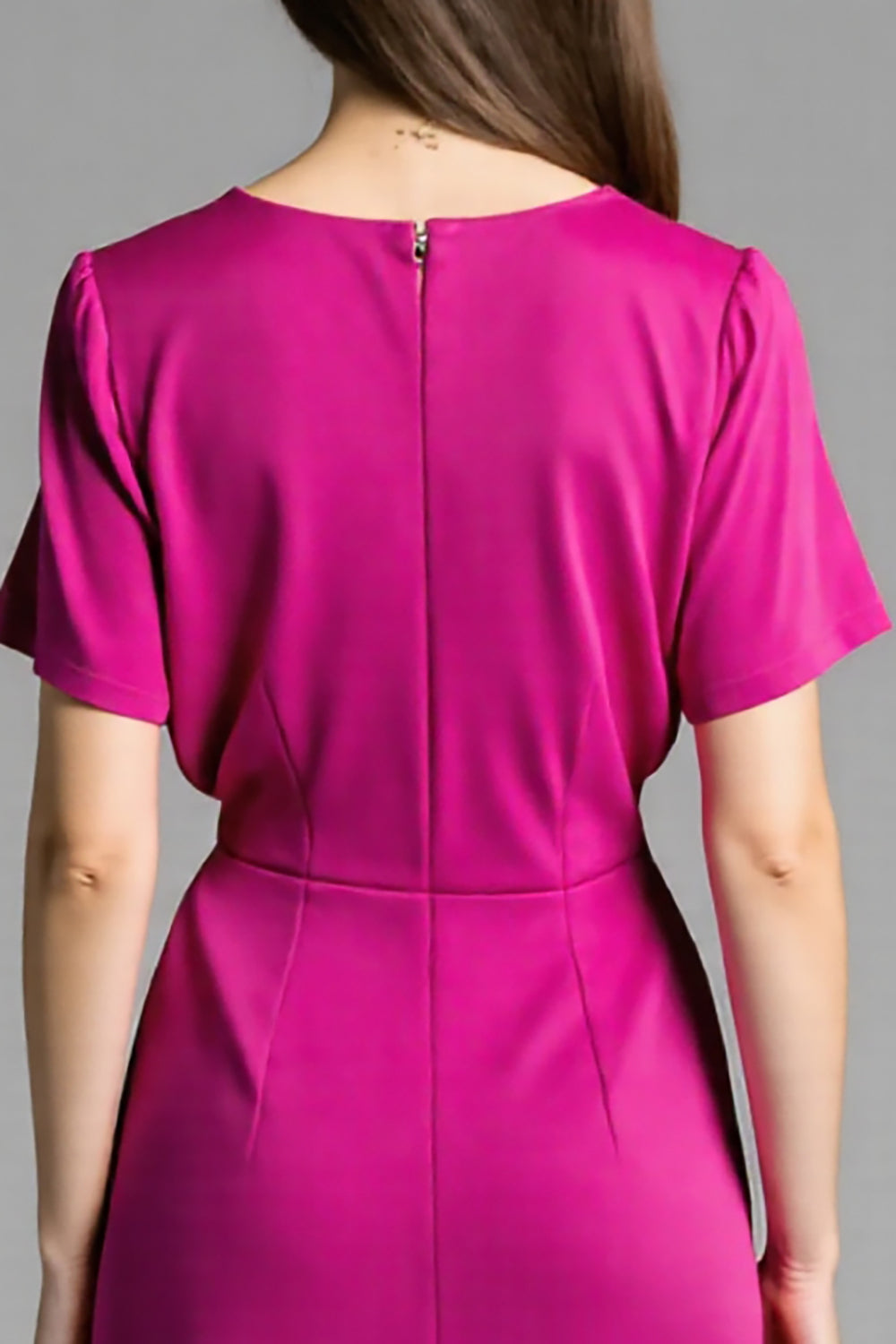 Fuchsia Satin V-Neck Ruched Midi Work Dress with Sleeves