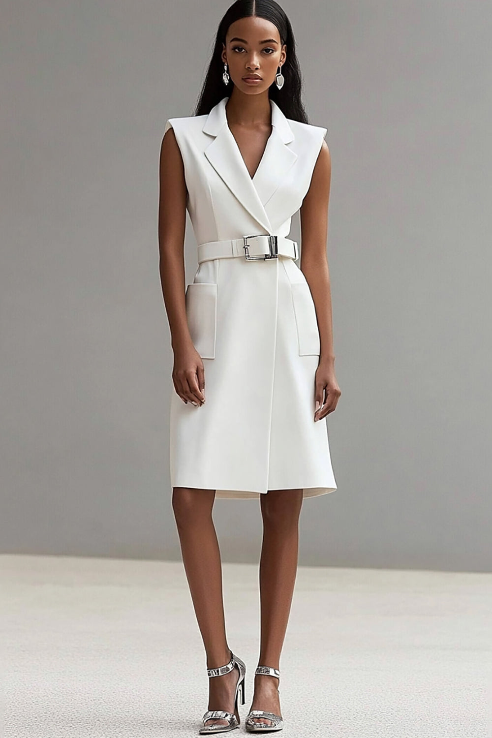 Ivory Satin Notched Lapel Short Work Blazer Dress with Pockets