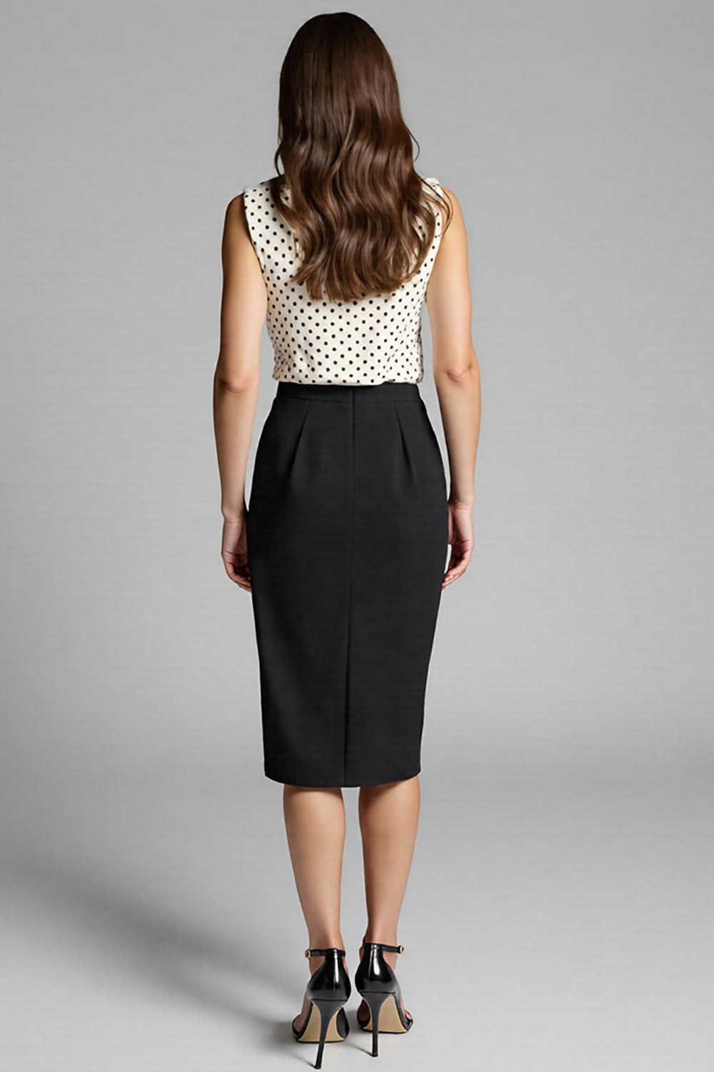 Black and White Bodycon Satin V-Neck Polka Dot Midi Work Dress