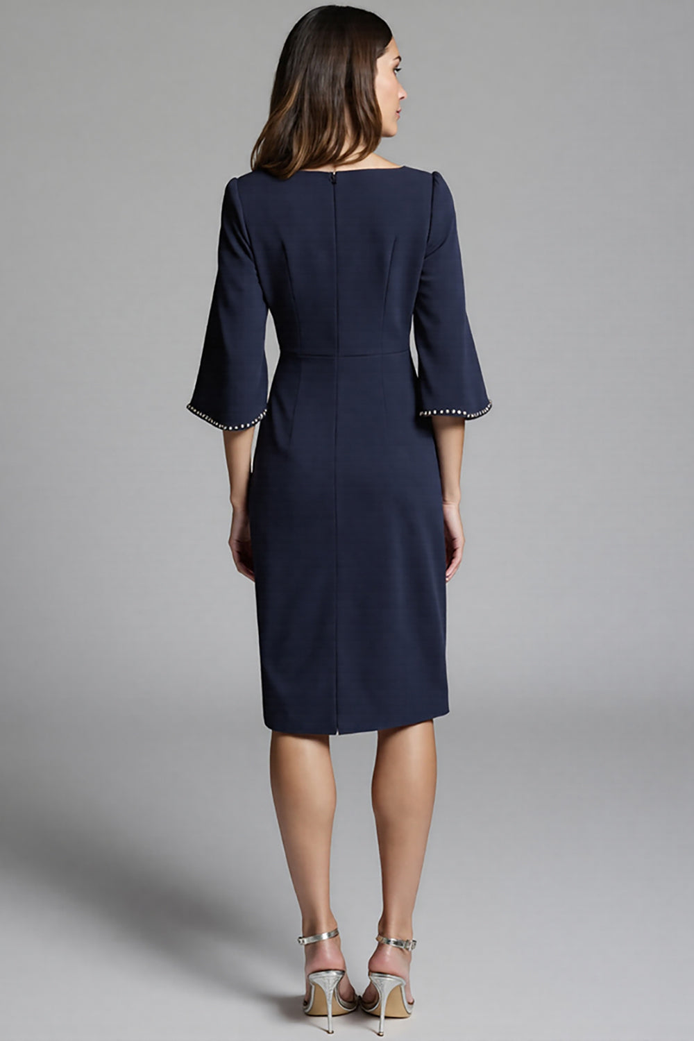 Navy Satin Bodycon Midi Work Dress with Sleeves