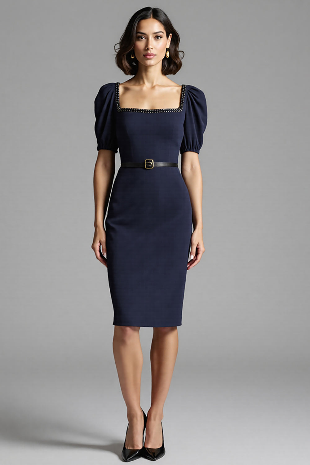 Navy Satin Bodycon Square Neck Midi Work Dress