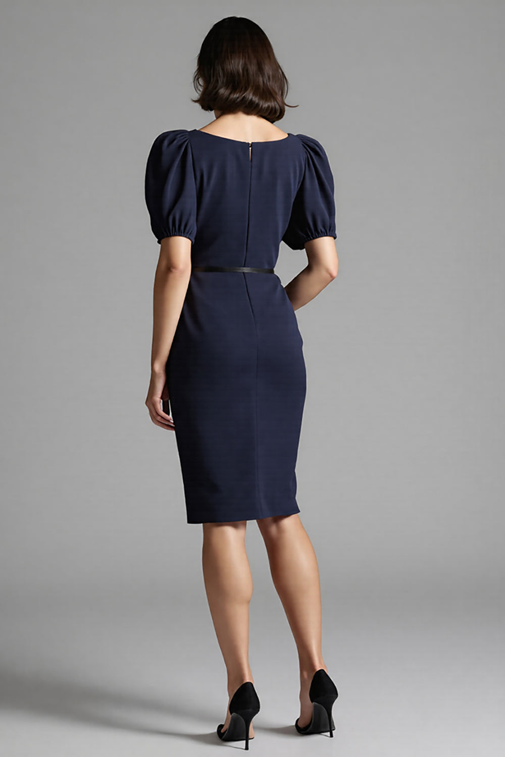 Navy Satin Bodycon Square Neck Midi Work Dress