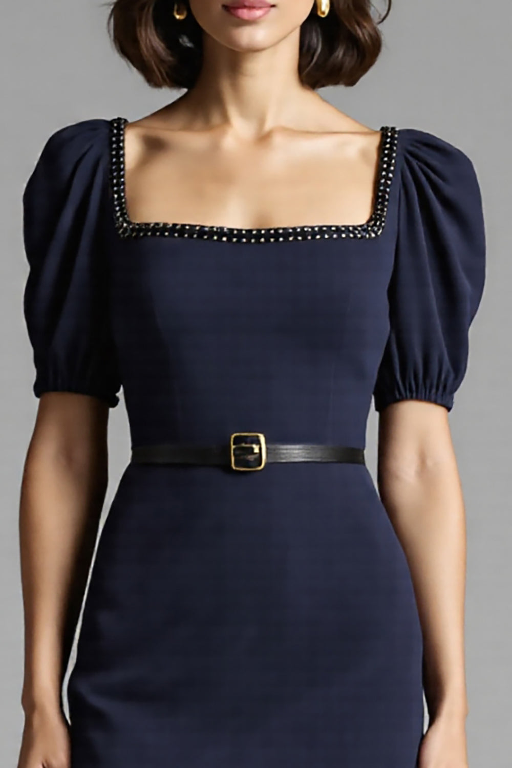 Navy Satin Bodycon Square Neck Midi Work Dress