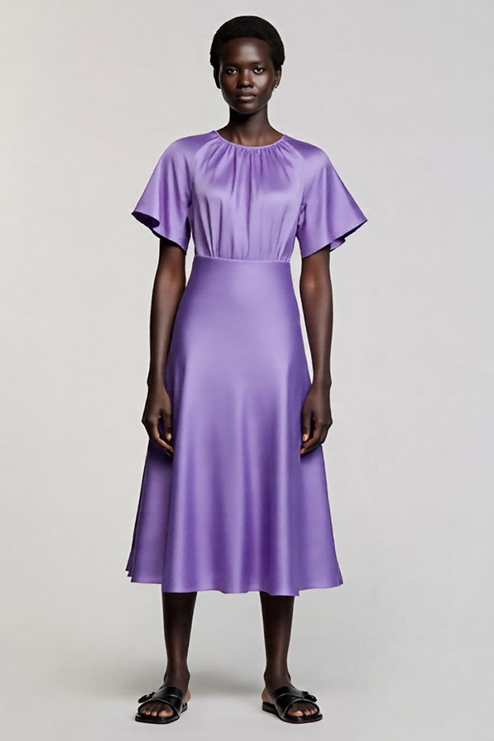 Purple Satin A Line Midi Work Dress with Short Sleeves