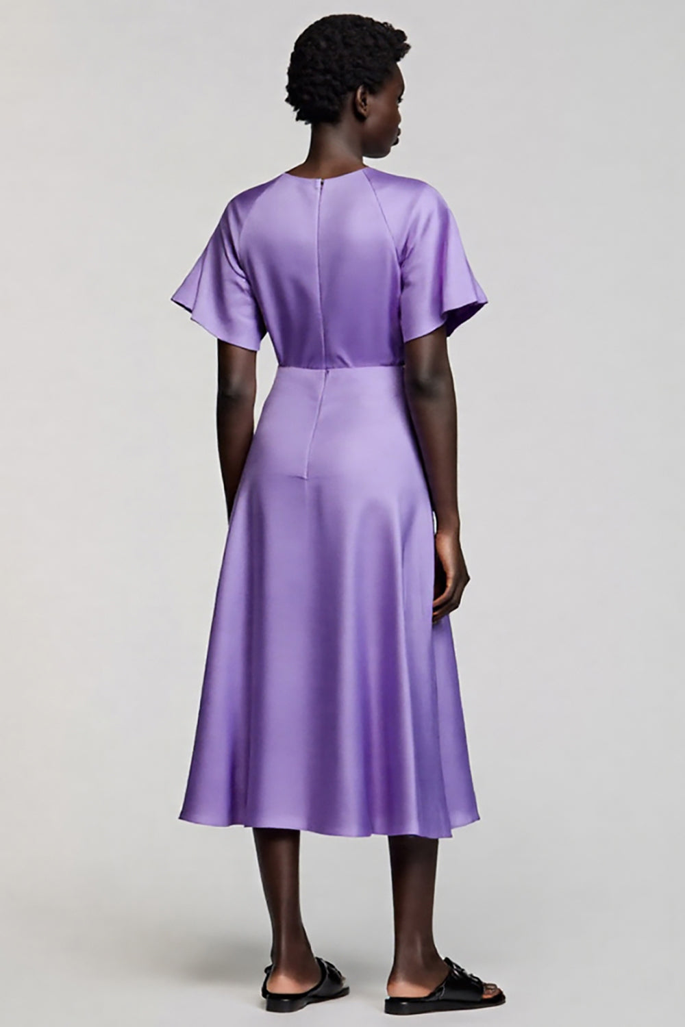 Purple Satin A Line Midi Work Dress with Short Sleeves