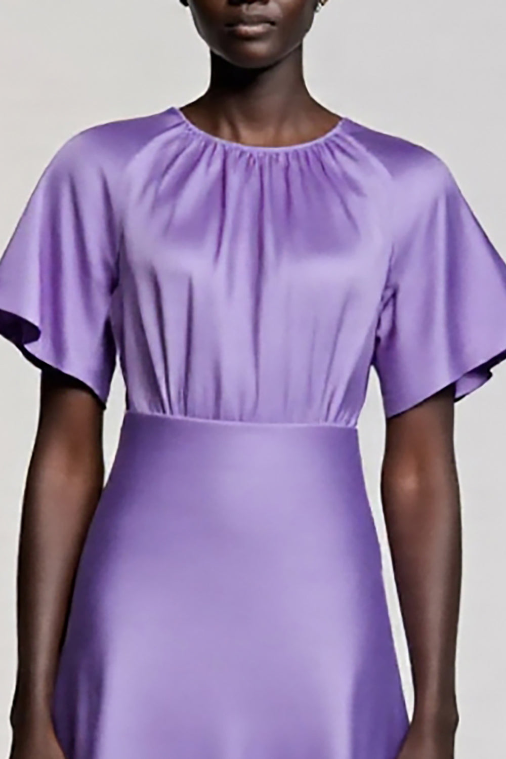 Purple Satin A Line Midi Work Dress with Short Sleeves